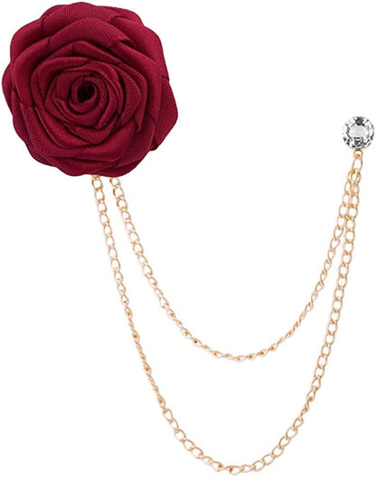 Fashion Bridegroom Wedding Brooches Cloth Art Hand-Made Rose Flower Brooch Lapel Pin Badge Tassel Chain Men'S Suit Accessories Red wine