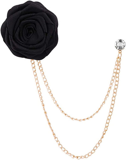 Fashion Bridegroom Wedding Brooches Cloth Art Hand-Made Rose Flower Brooch Lapel Pin Badge Tassel Chain Men'S Suit Accessories Black