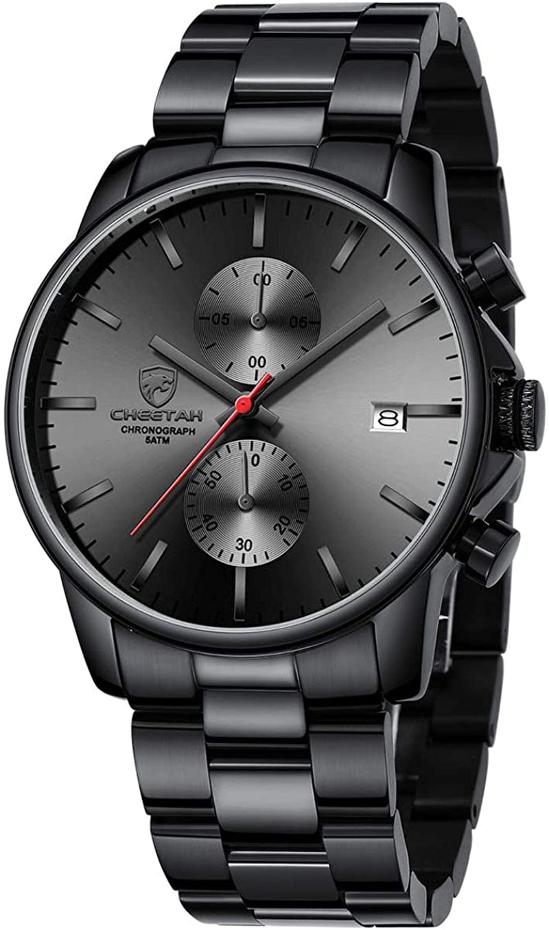 Fashion Business Mens Watches with Stainless Steel Waterproof Chronograph Quartz Watch for Men, Auto Date BlackRed