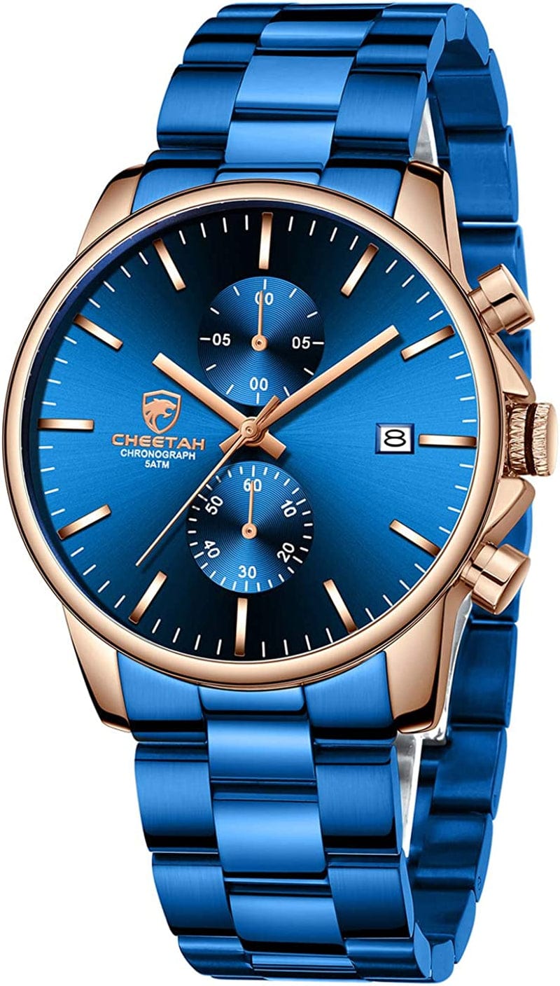 Fashion Business Mens Watches with Stainless Steel Waterproof Chronograph Quartz Watch for Men, Auto Date RoseBlue