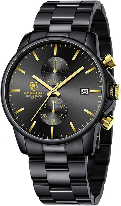 Fashion Business Mens Watches with Stainless Steel Waterproof Chronograph Quartz Watch for Men, Auto Date BlackGold
