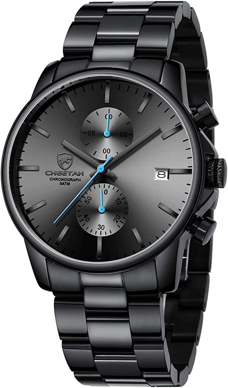 Fashion Business Mens Watches with Stainless Steel Waterproof Chronograph Quartz Watch for Men, Auto Date BlackBlue