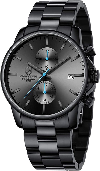 Fashion Business Mens Watches with Stainless Steel Waterproof Chronograph Quartz Watch for Men, Auto Date BlackBlue