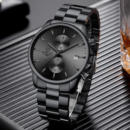 Fashion Business Mens Watches with Stainless Steel Waterproof Chronograph Quartz Watch for Men, Auto Date