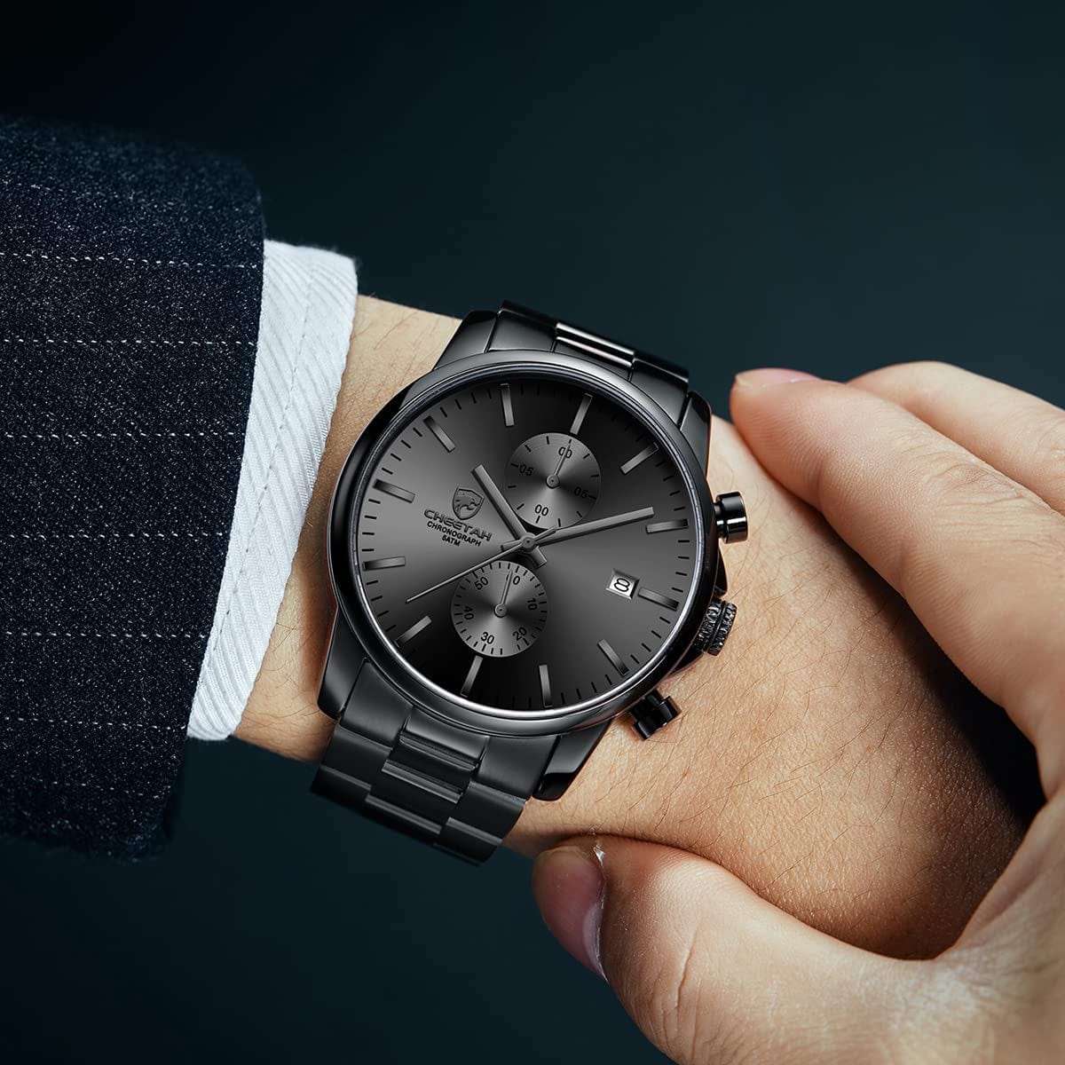 Fashion Business Mens Watches with Stainless Steel Waterproof Chronograph Quartz Watch for Men, Auto Date