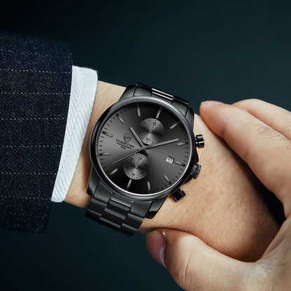 Fashion Business Mens Watches with Stainless Steel Waterproof Chronograph Quartz Watch for Men, Auto Date