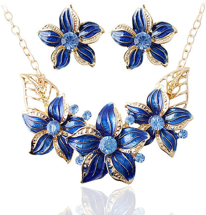 Fashion Women Crystal Flower Statement Gold Plated Necklace Earrings Jewelry Set Blue