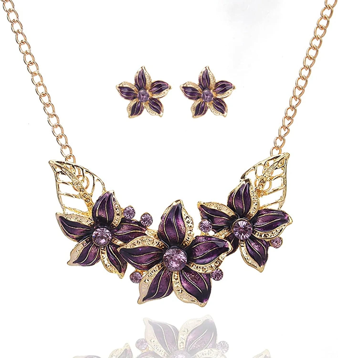 Fashion Women Crystal Flower Statement Gold Plated Necklace Earrings Jewelry Set purple