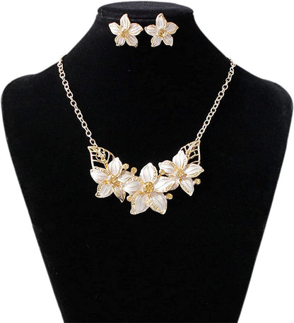 Fashion Women Crystal Flower Statement Gold Plated Necklace Earrings Jewelry Set