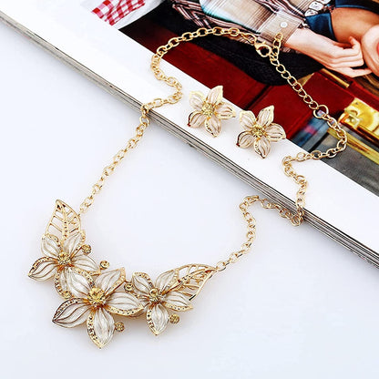 Fashion Women Crystal Flower Statement Gold Plated Necklace Earrings Jewelry Set