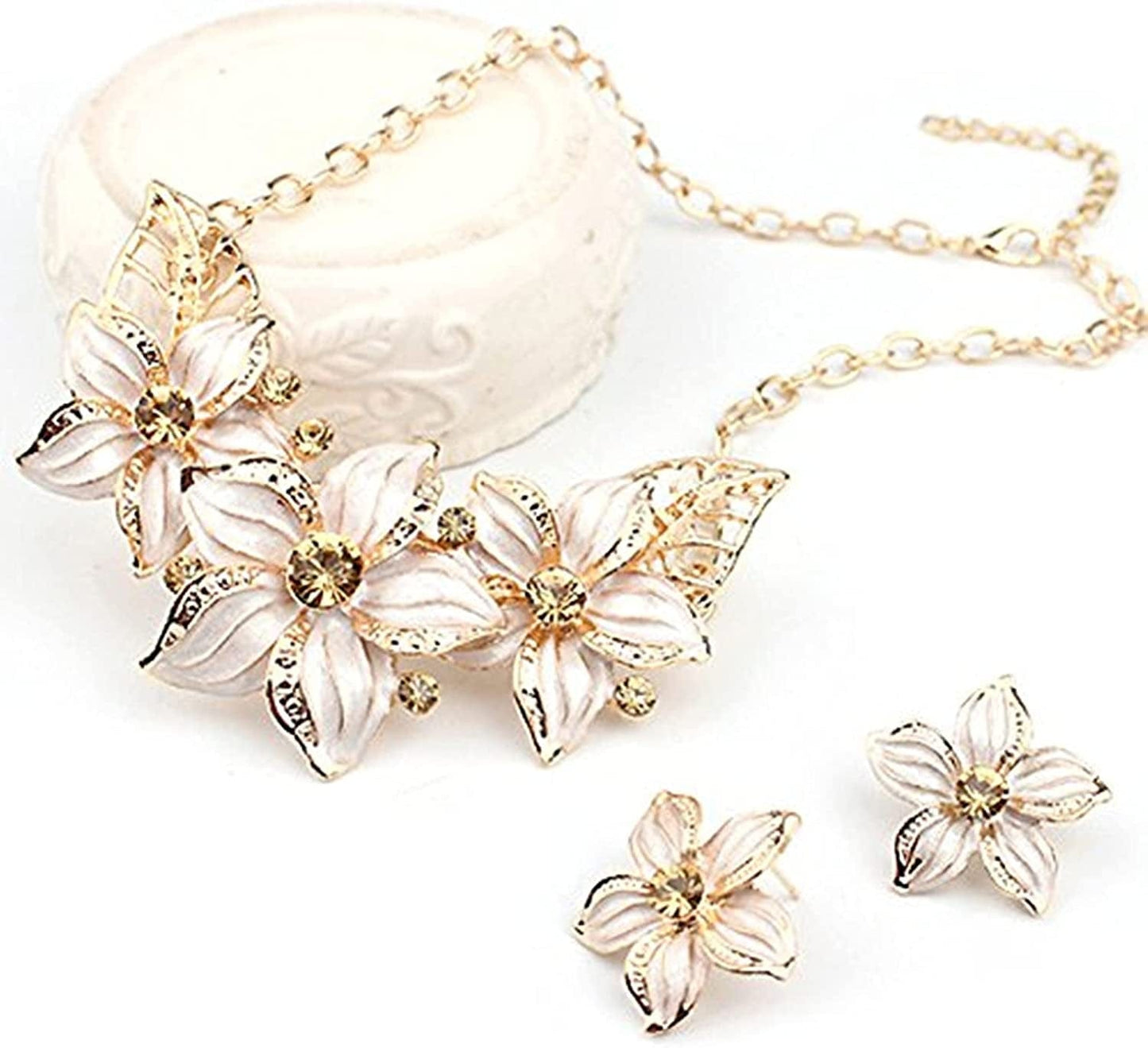Fashion Women Crystal Flower Statement Gold Plated Necklace Earrings Jewelry Set