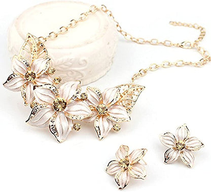 Fashion Women Crystal Flower Statement Gold Plated Necklace Earrings Jewelry Set