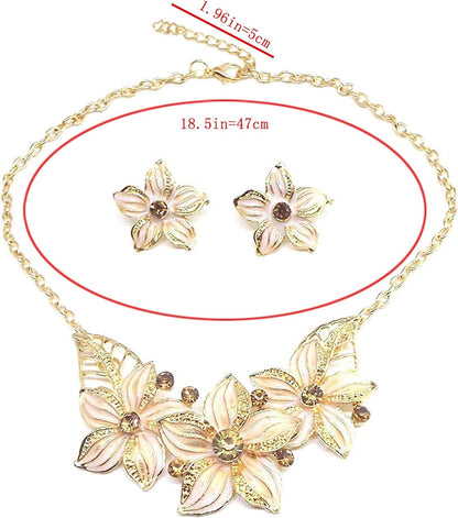 Fashion Women Crystal Flower Statement Gold Plated Necklace Earrings Jewelry Set