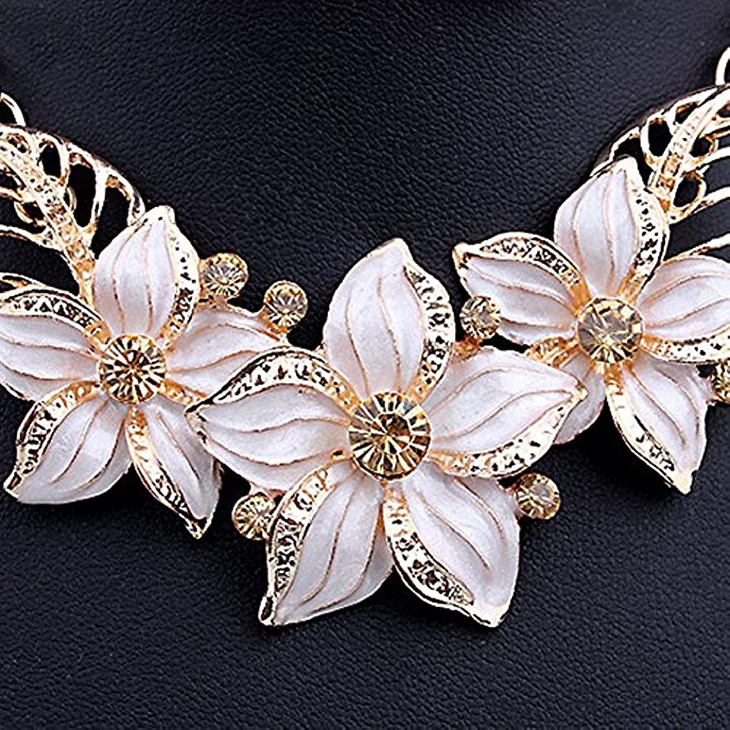 Fashion Women Crystal Flower Statement Gold Plated Necklace Earrings Jewelry Set