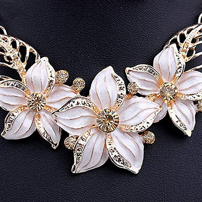 Fashion Women Crystal Flower Statement Gold Plated Necklace Earrings Jewelry Set