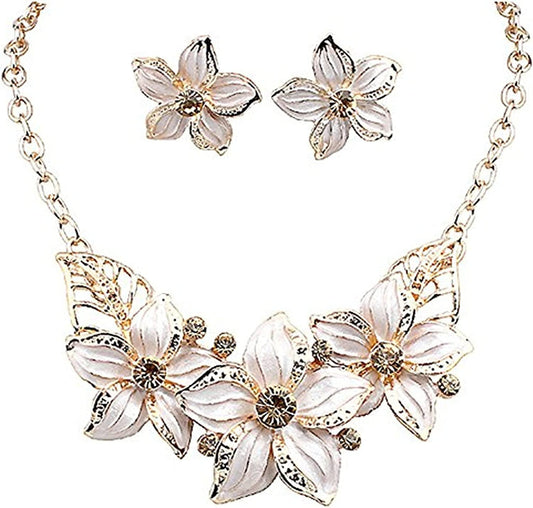 Fashion Women Crystal Flower Statement Gold Plated Necklace Earrings Jewelry Set White