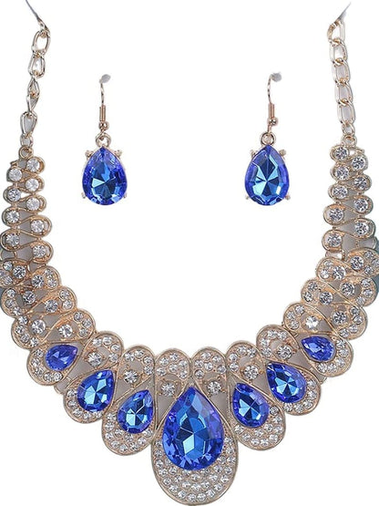 Fashion Women Jewelry Sets Bride Wedding Party Gold Plated Chain Necklace Earring Set blue