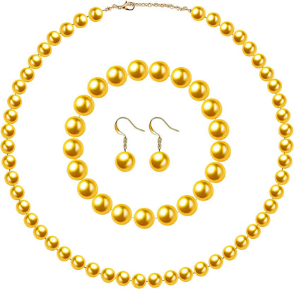Faux Pearl Jewelry Set Simulated Pearl Necklace Bracelet Earrings for Women Girls Gold / Medium