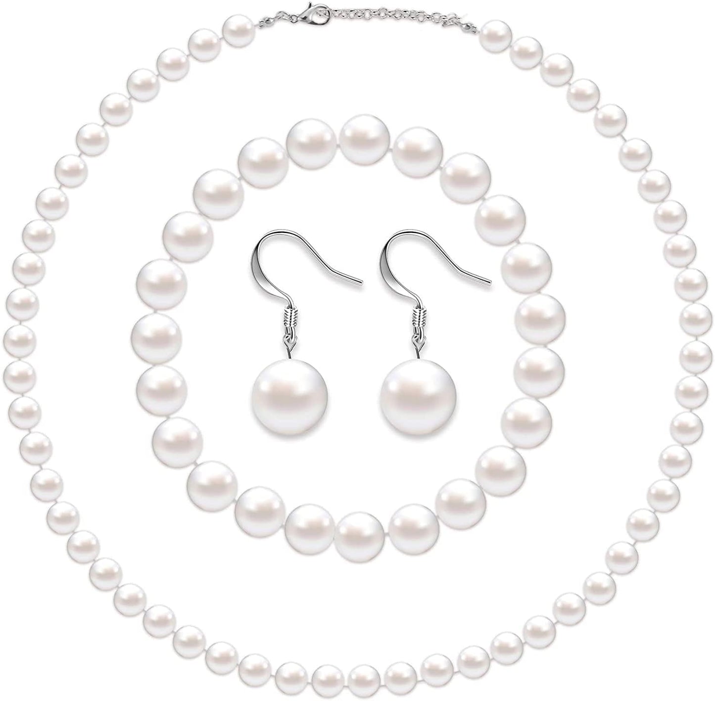 Faux Pearl Jewelry Set Simulated Pearl Necklace Bracelet Earrings for Women Girls White / 10 mm