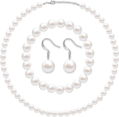 Faux Pearl Jewelry Set Simulated Pearl Necklace Bracelet Earrings for Women Girls White / 10 mm