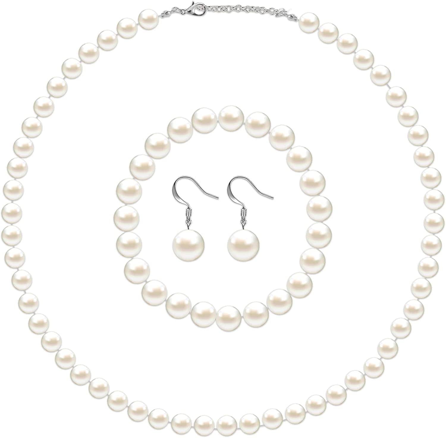 Faux Pearl Jewelry Set Simulated Pearl Necklace Bracelet Earrings for Women Girls Beige / 10 mm
