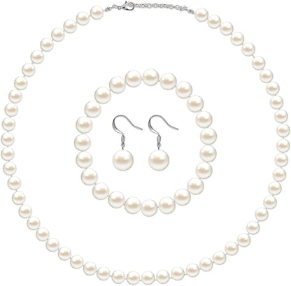 Faux Pearl Jewelry Set Simulated Pearl Necklace Bracelet Earrings for Women Girls Beige / 10 mm