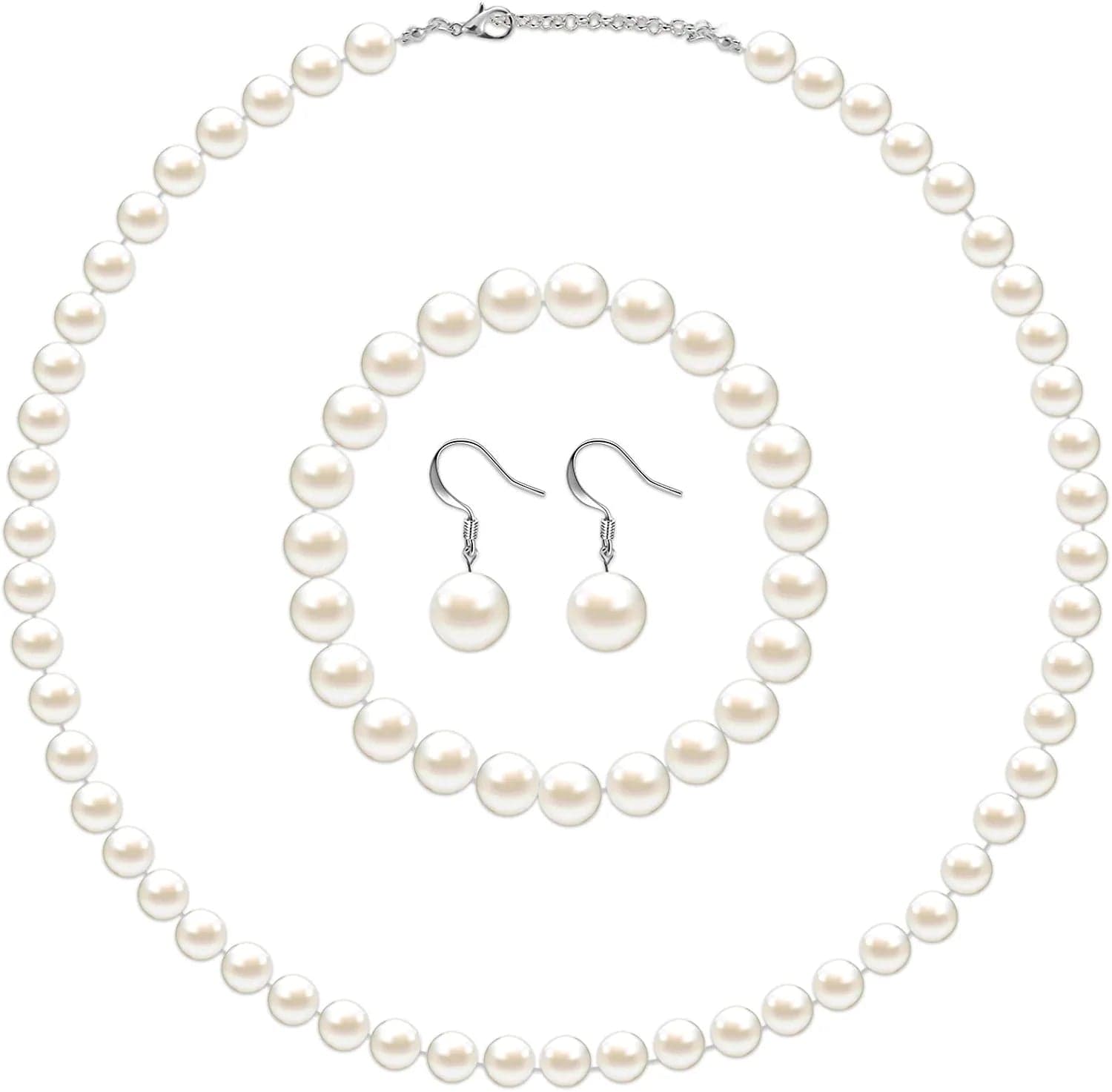 Faux Pearl Jewelry Set Simulated Pearl Necklace Bracelet Earrings for Women Girls Beige / 8 mm