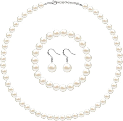 Faux Pearl Jewelry Set Simulated Pearl Necklace Bracelet Earrings for Women Girls Beige / 8 mm