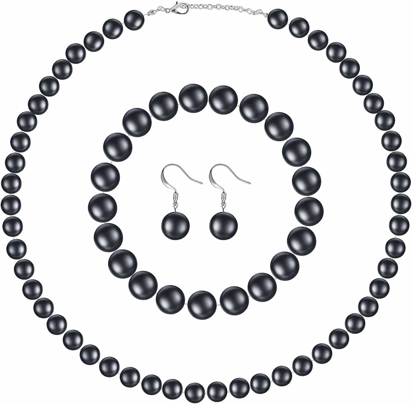 Faux Pearl Jewelry Set Simulated Pearl Necklace Bracelet Earrings for Women Girls Dark Grey / 10 mm
