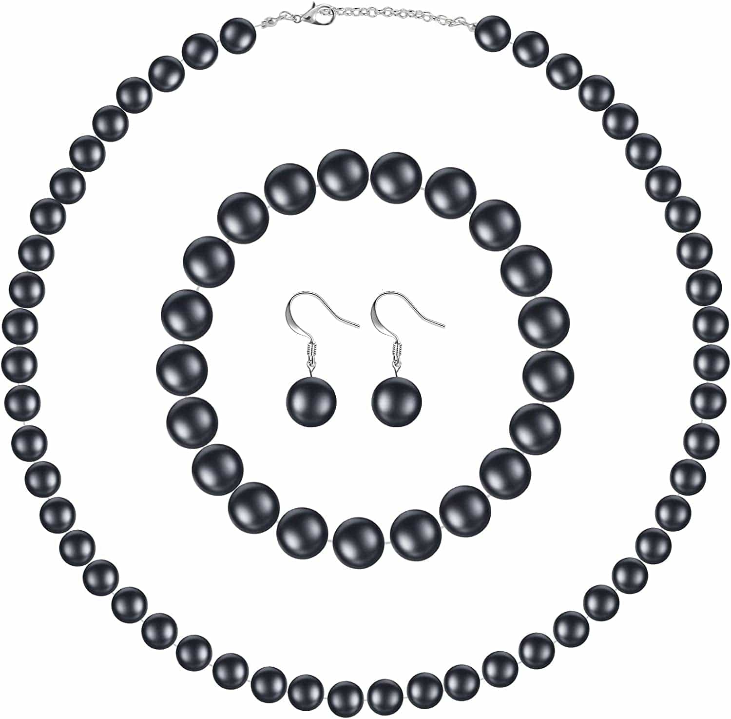 Faux Pearl Jewelry Set Simulated Pearl Necklace Bracelet Earrings for Women Girls Dark Grey / 10 mm
