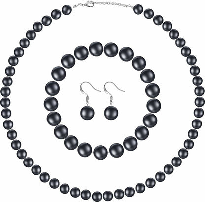 Faux Pearl Jewelry Set Simulated Pearl Necklace Bracelet Earrings for Women Girls Dark Grey / 10 mm