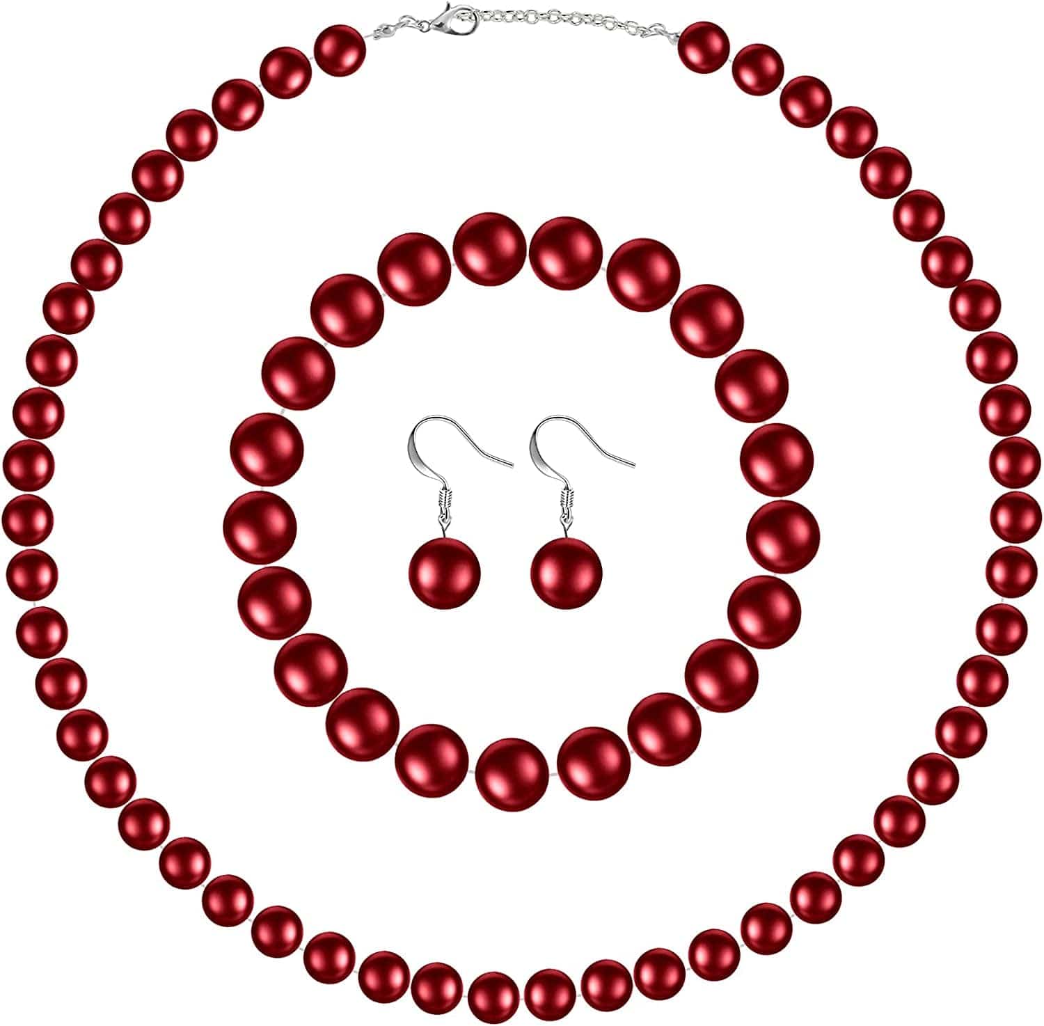 Faux Pearl Jewelry Set Simulated Pearl Necklace Bracelet Earrings for Women Girls Red / 18 inches