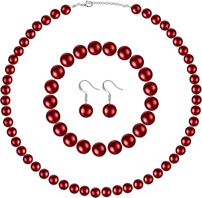 Faux Pearl Jewelry Set Simulated Pearl Necklace Bracelet Earrings for Women Girls Red / 18 inches