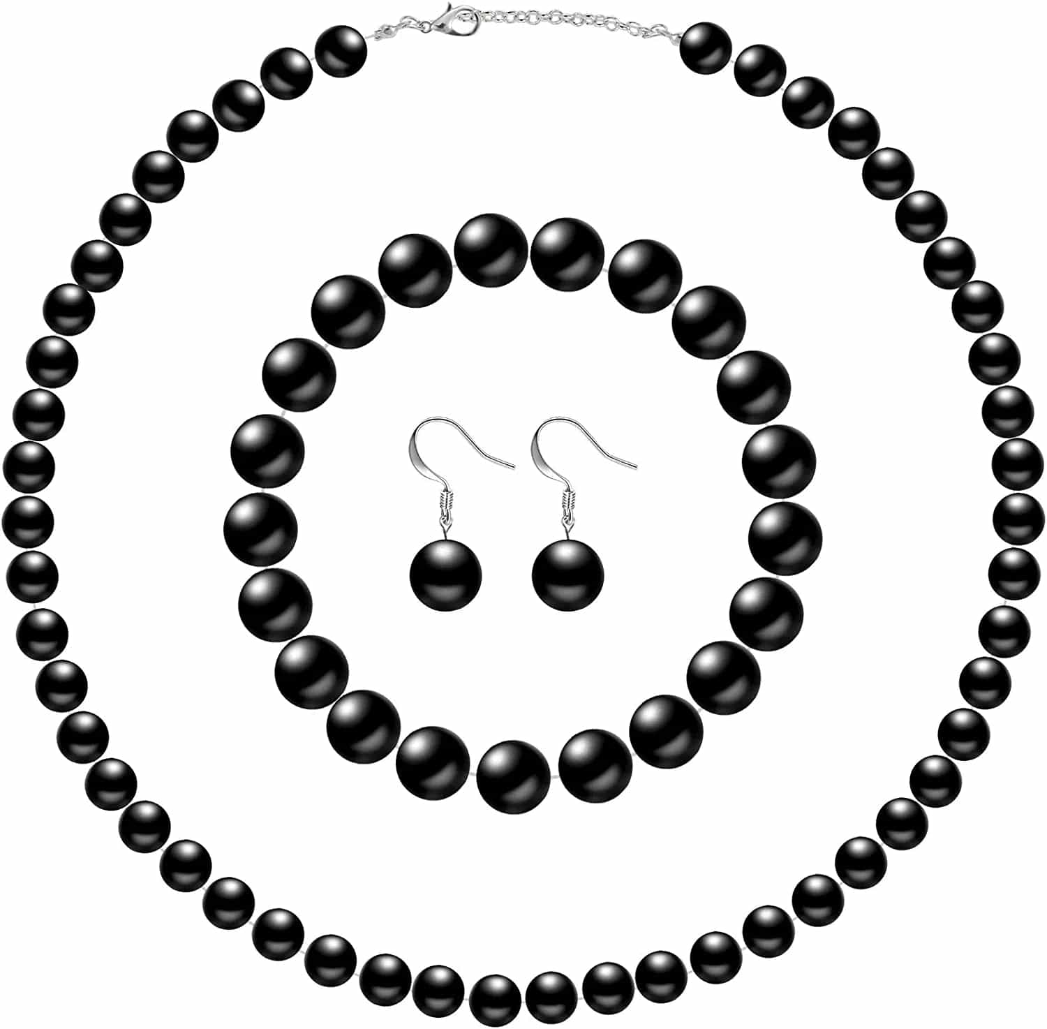 Faux Pearl Jewelry Set Simulated Pearl Necklace Bracelet Earrings for Women Girls Black / 10 mm