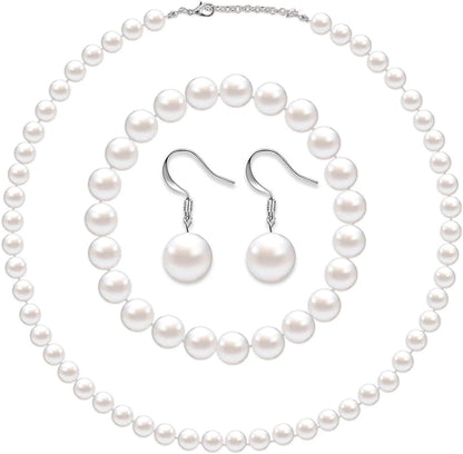 Faux Pearl Jewelry Set Simulated Pearl Necklace Bracelet Earrings for Women Girls White / 6 mm