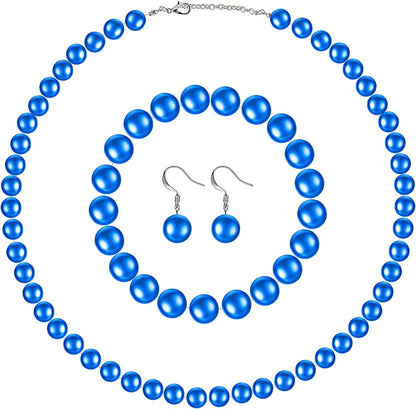 Faux Pearl Jewelry Set Simulated Pearl Necklace Bracelet Earrings for Women Girls Dark Blue / Large
