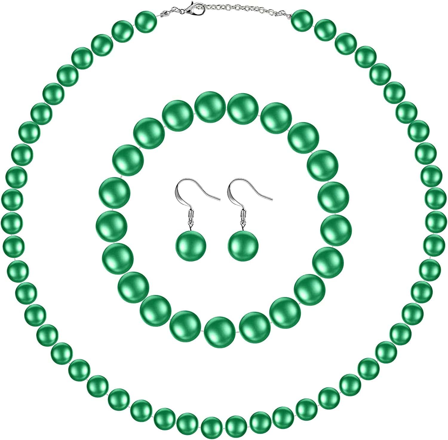 Faux Pearl Jewelry Set Simulated Pearl Necklace Bracelet Earrings for Women Girls Green / Large