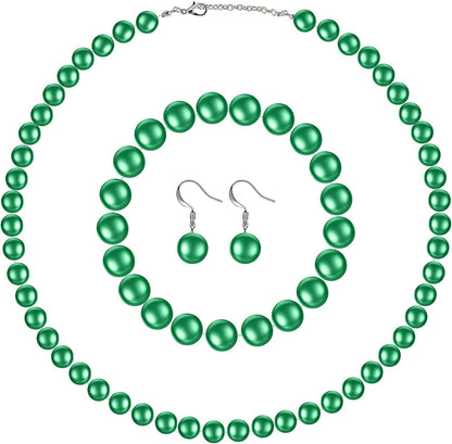 Faux Pearl Jewelry Set Simulated Pearl Necklace Bracelet Earrings for Women Girls Green / Large