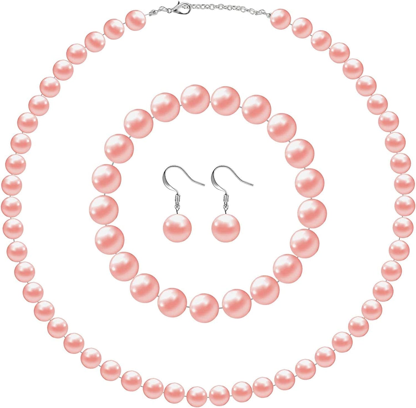 Faux Pearl Jewelry Set Simulated Pearl Necklace Bracelet Earrings for Women Girls Bright Pink / 10 mm