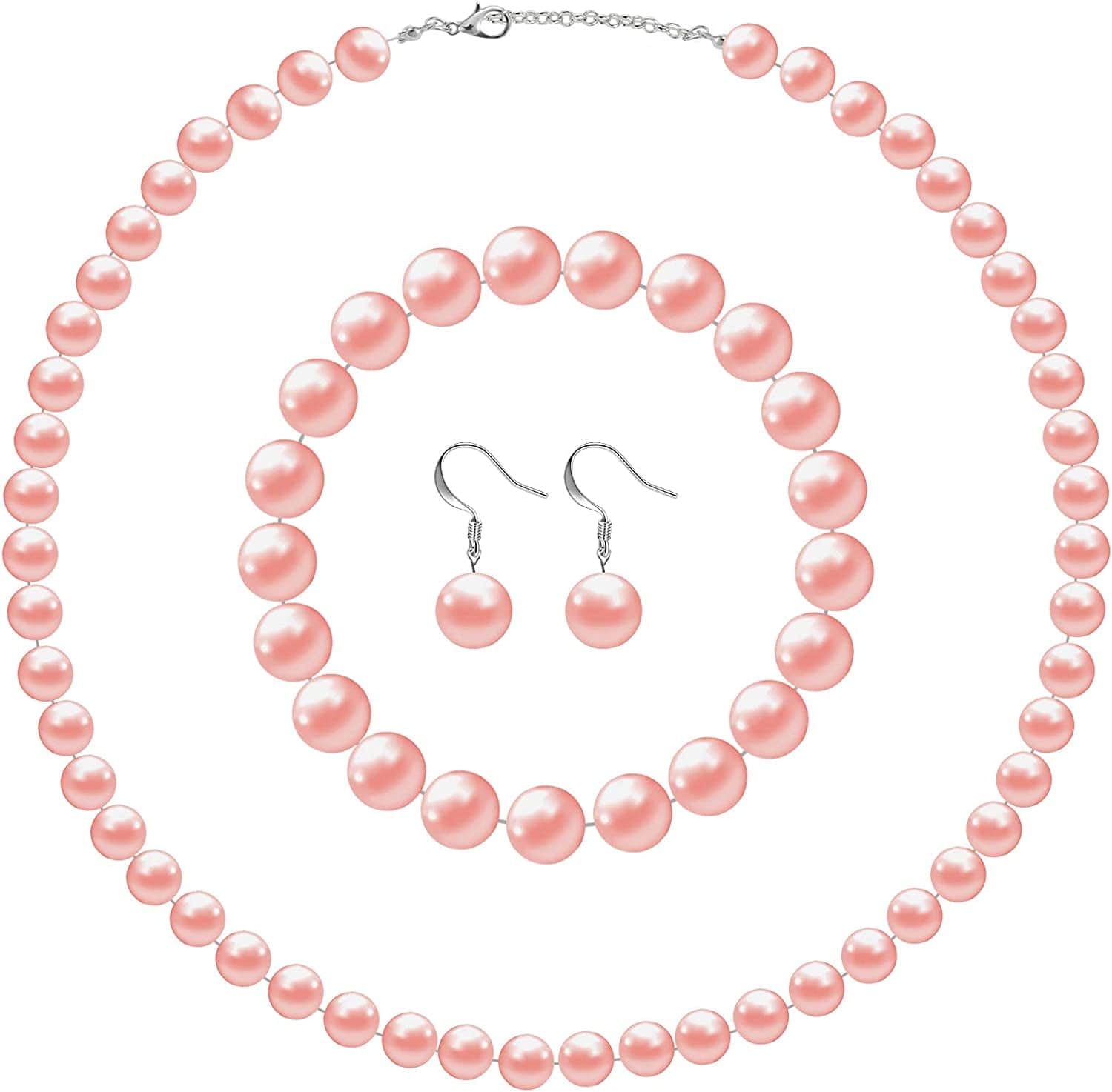 Faux Pearl Jewelry Set Simulated Pearl Necklace Bracelet Earrings for Women Girls Bright Pink / 10 mm