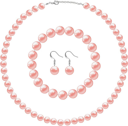 Faux Pearl Jewelry Set Simulated Pearl Necklace Bracelet Earrings for Women Girls Bright Pink / 10 mm