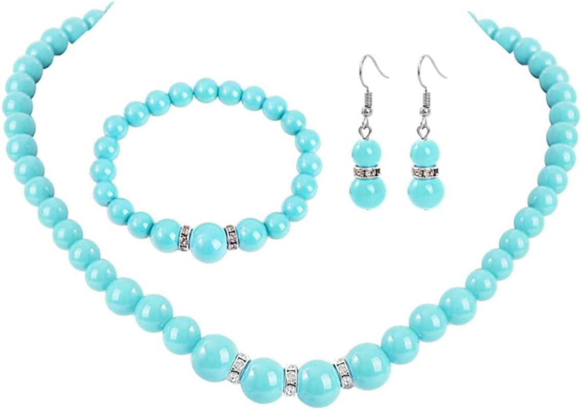 Faux Pearl Necklace Earring and Bracelet Black Costume Jewelry Set for Women Blue