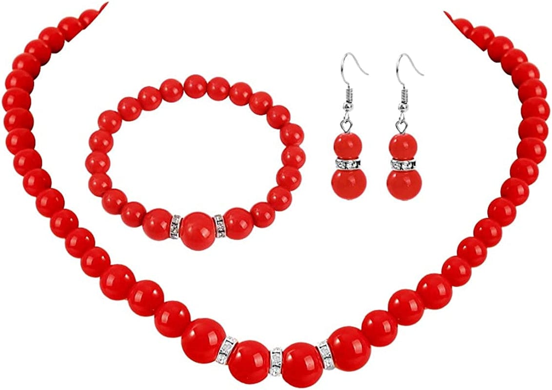Faux Pearl Necklace Earring and Bracelet Black Costume Jewelry Set for Women Red