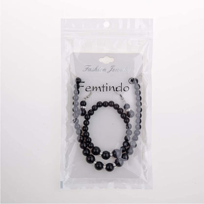 Faux Pearl Necklace Earring and Bracelet Black Costume Jewelry Set for Women