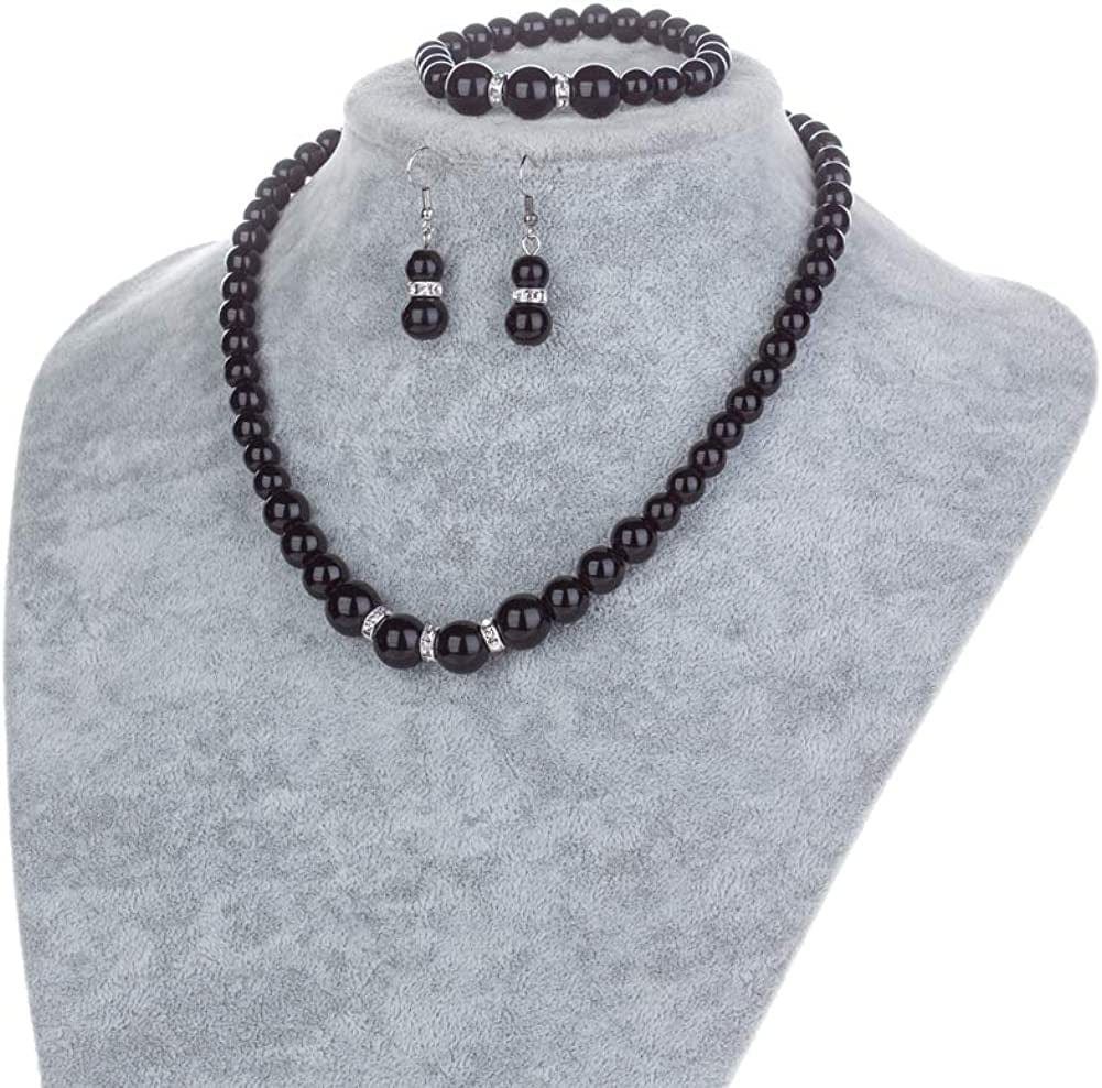 Faux Pearl Necklace Earring and Bracelet Black Costume Jewelry Set for Women