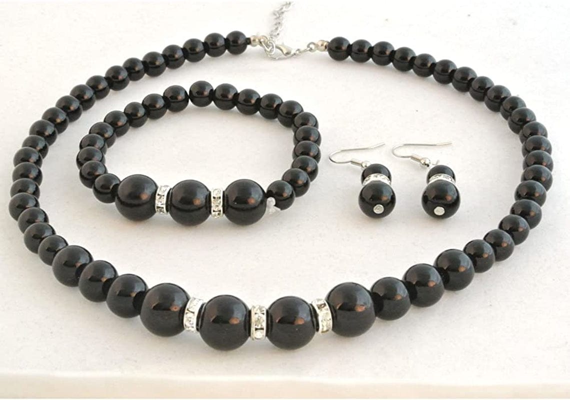 Faux Pearl Necklace Earring and Bracelet Black Costume Jewelry Set for Women