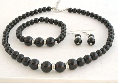 Faux Pearl Necklace Earring and Bracelet Black Costume Jewelry Set for Women
