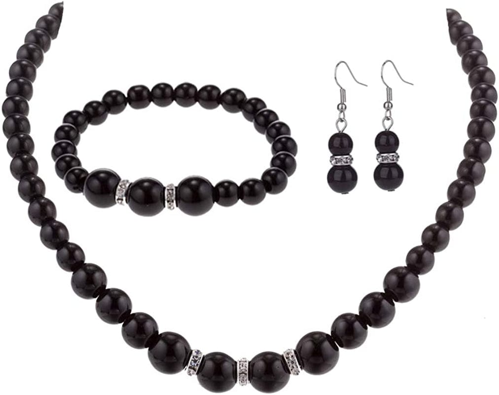 Faux Pearl Necklace Earring and Bracelet Black Costume Jewelry Set for Women Black