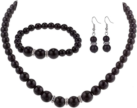 Faux Pearl Necklace Earring and Bracelet Black Costume Jewelry Set for Women Black