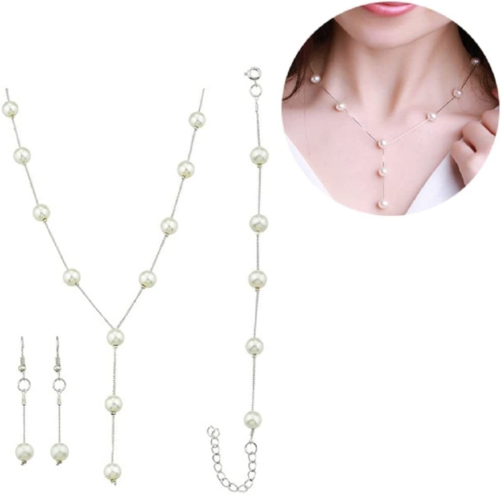 Faux Pearl Necklace Earring Bracelet Jewelry Set, Delicate and Classy Costume Jewelry Favors (Gold)